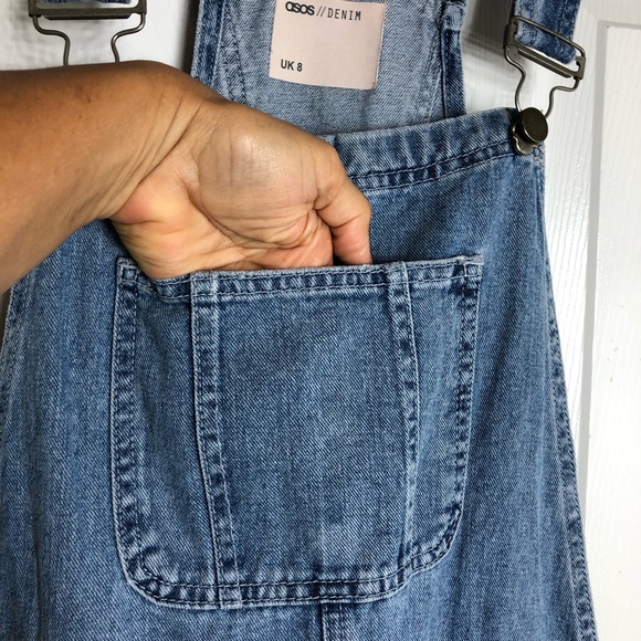 ASOS DESIGN Denim Midwash Blue Distress Fry Hem Dungaree Dress UK8 USA 4 - Picture 4 of 16